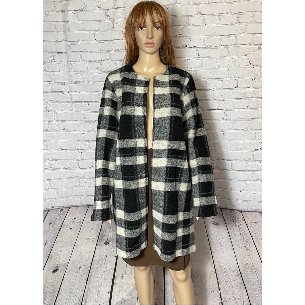 Max Studio Open Front Wool Blend Plaid Coat Cardigan Size L